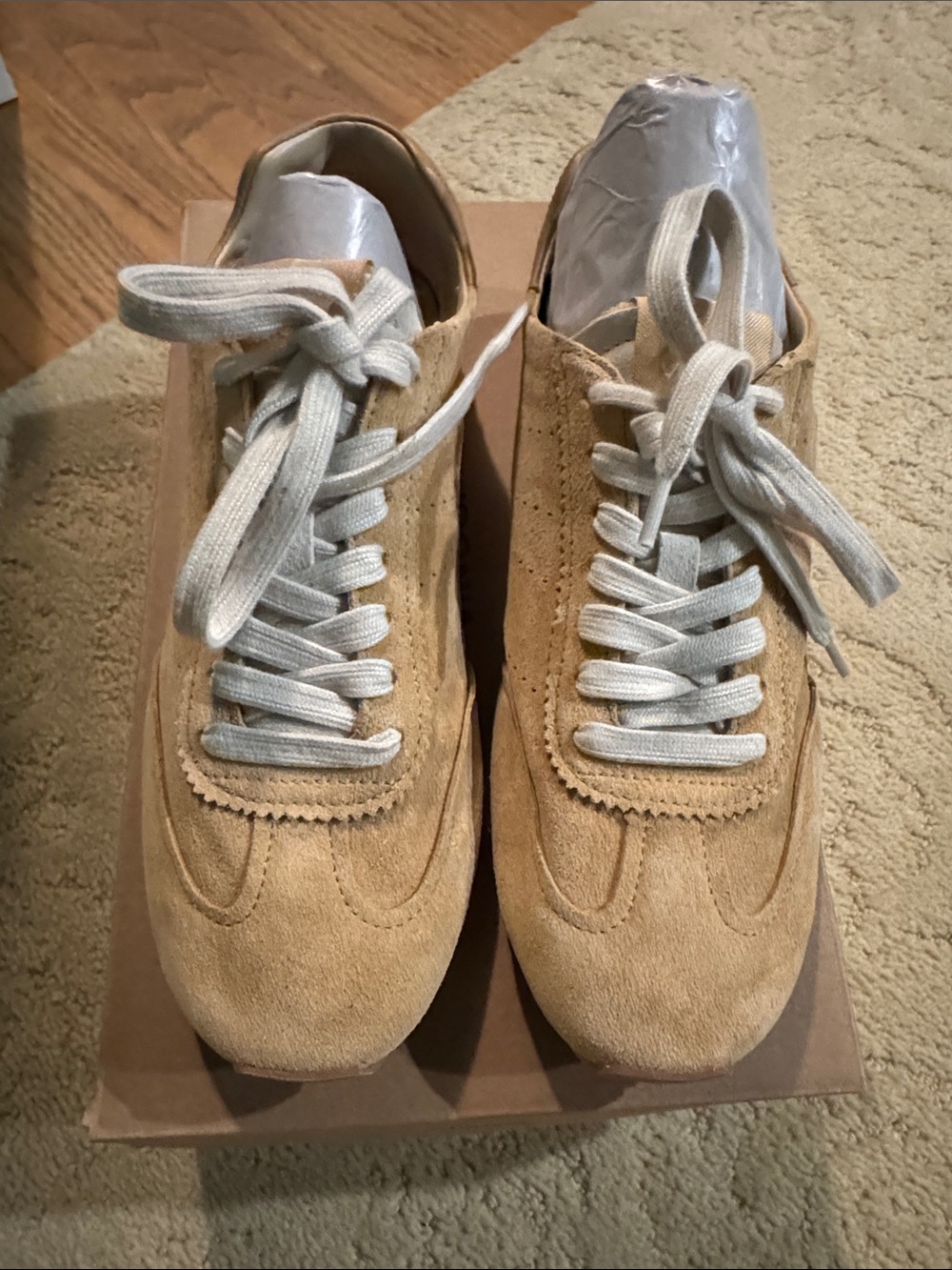 Vince Beige Suede Lace-Up Sneakers with White Laces